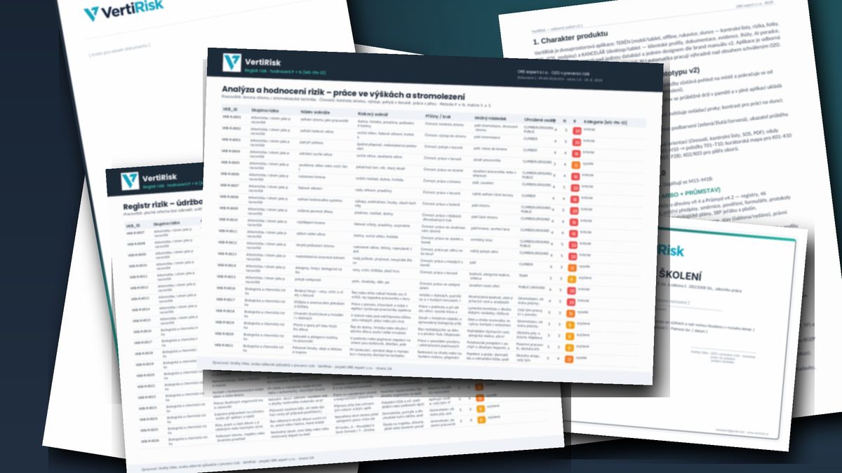 Dokumentace BOZP VertiRisk – analýza rizik, registr rizik a osnova školení na stole